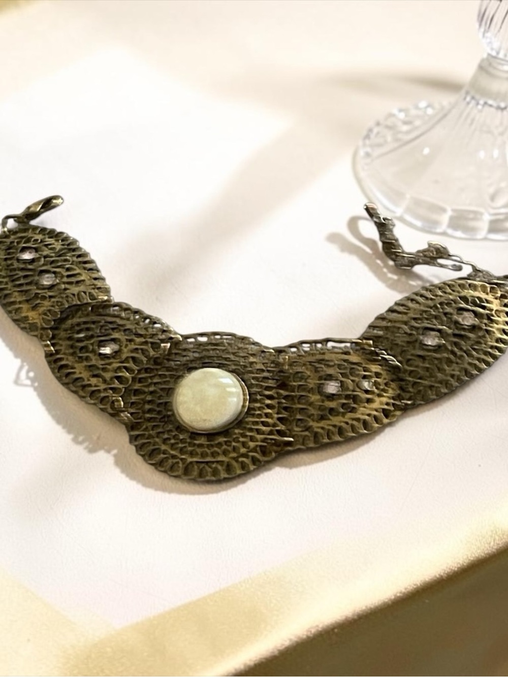 Vintage Textured Brass Bracelet with Cream Stone Accent